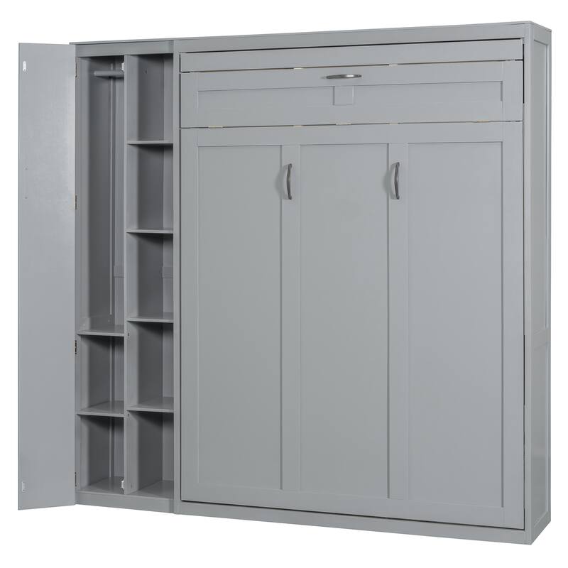 Space-Saving Full Murphy Bed with Shelves, Wardrobe & LED - Perfect for Guest Room & Office
