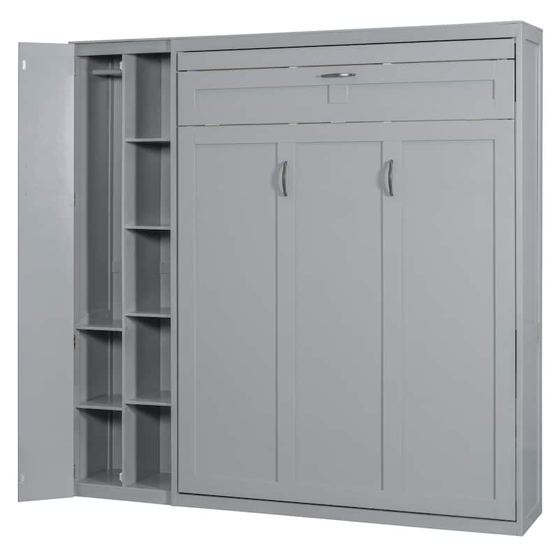 Space-Saving Full Size Wall Bed with Shelves, Wardrobe, and LED Lights in Gray