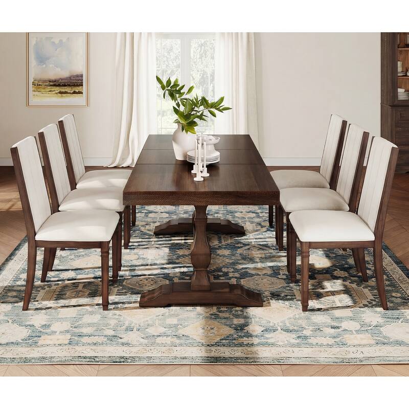 7-pieces Farmhouse Dining Table Set for 6, 74.8" Kitchen Table with Chairs, Solid Wood Legs and Upholstered Back