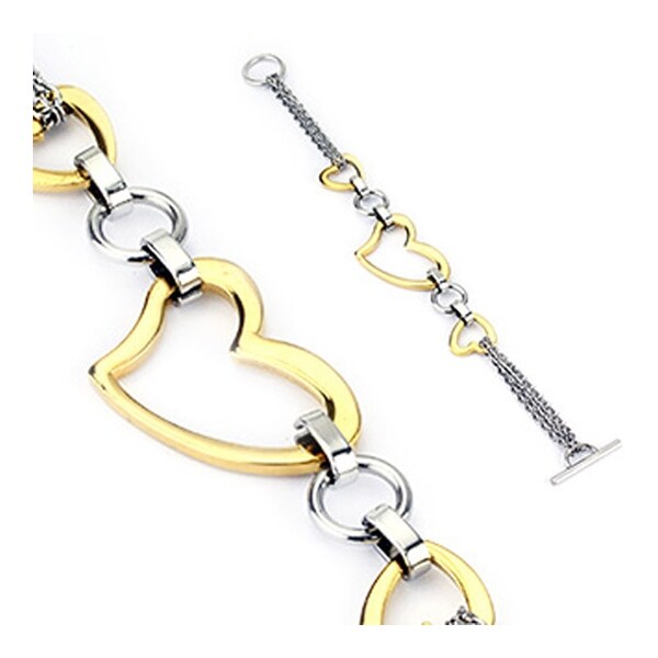 Stainless Steel Multi Chain Links Bracelet with Triple Gold Plated Hearts (4 mm) - 8 in