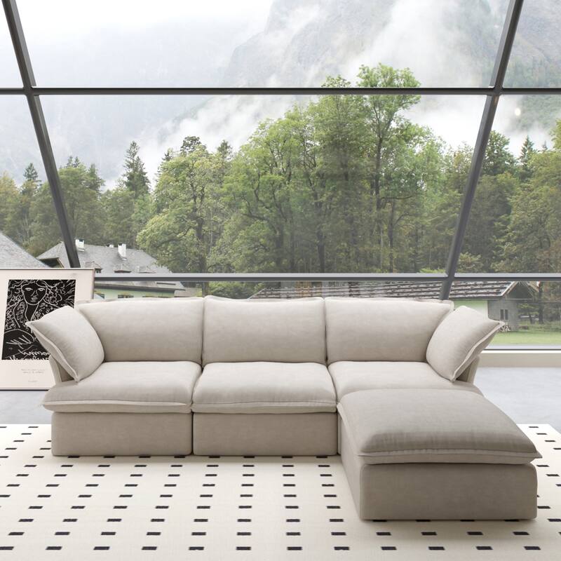 L Shape Sectional Couches, Sectional Sofa with Chaise Ottoman - Beige