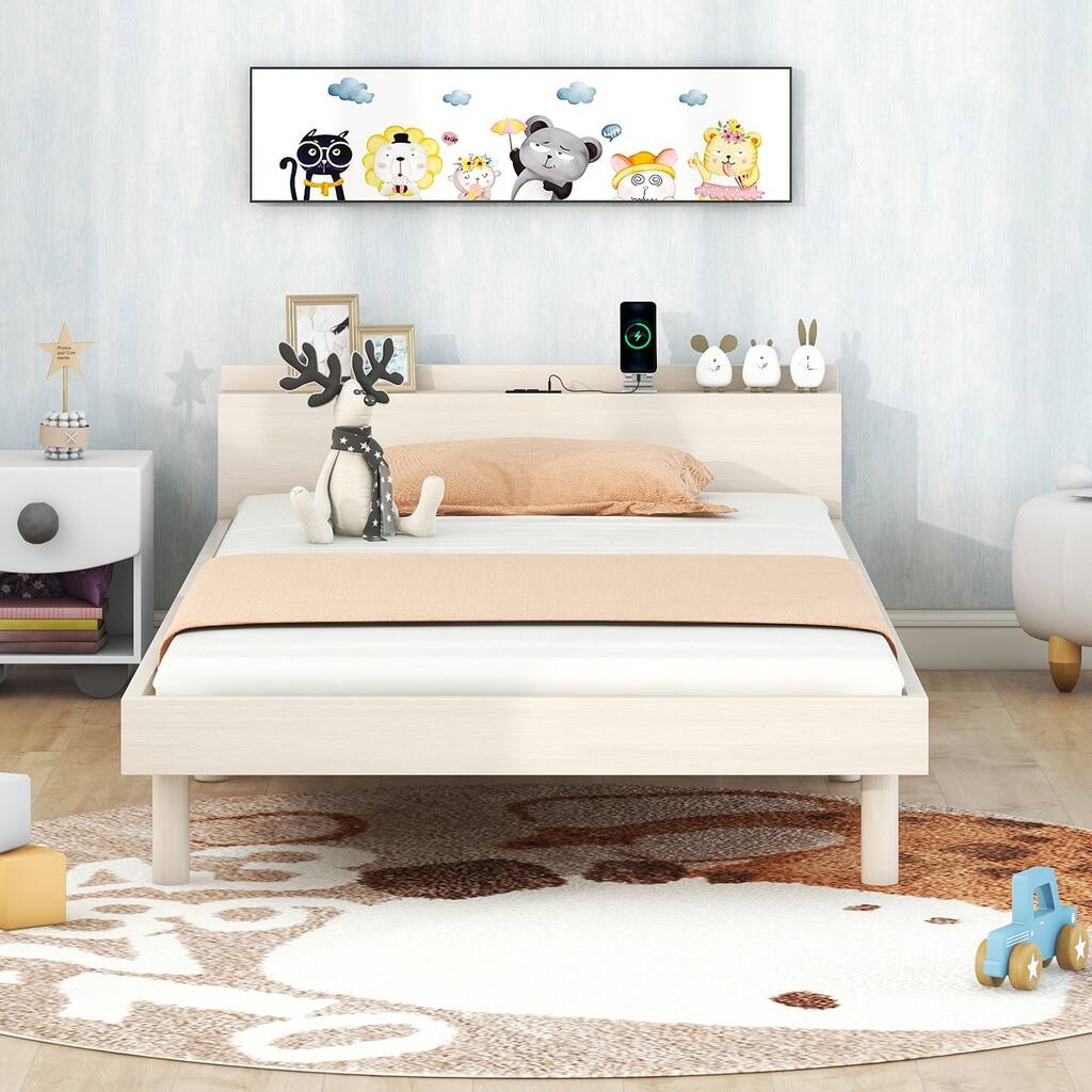 Modern Design Twin Size Platform Bed Frame with Built-in USB Ports for All Ages, Strong Wooden Slats/Large Storage Space