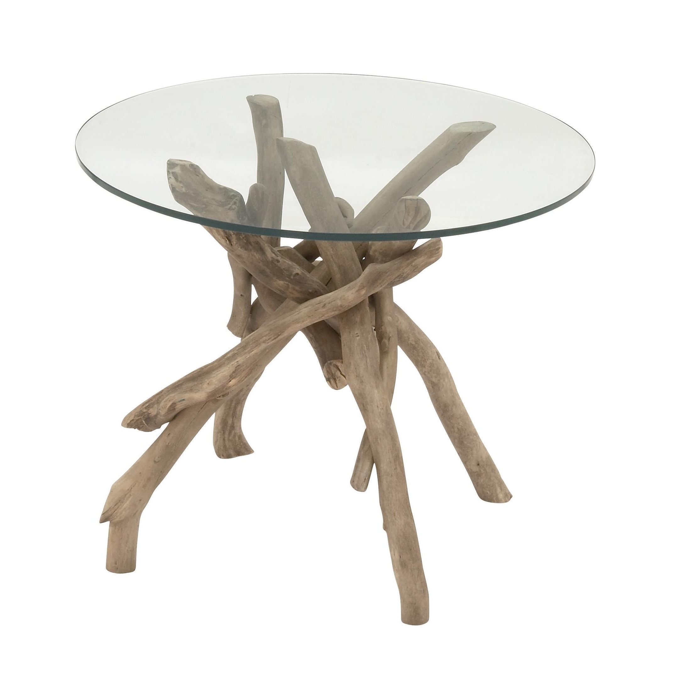 Roche River Decor - Wood Handmade Tree Branch Accent Table with Clear Glass Top - Brown