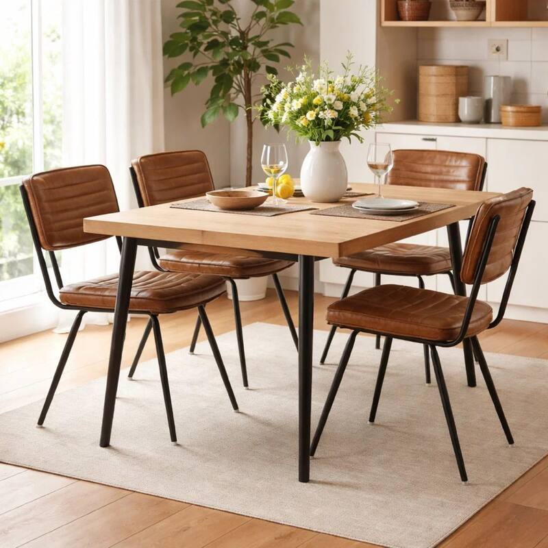 Mia 18 Inch Side Chair, Set of 2, Dyed Brown Leather, Vertical Tufting