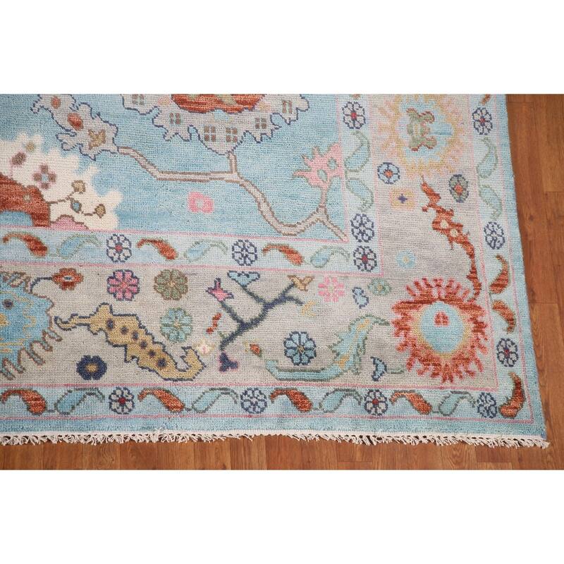 Light Blue Floral Oushak Area Rug Hand-Knotted Oriental Wool Carpet - 8'11"x 11'10"