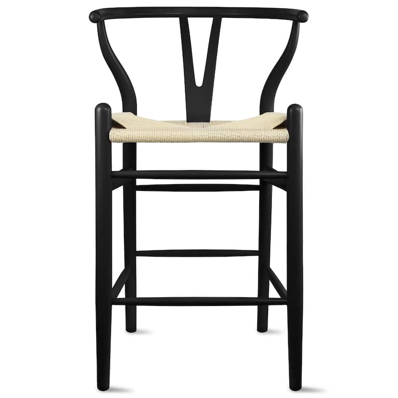 Solid Wood Countertop Height Barstool with Open Y Back Farmhouse Woven Organic Natural Chair For Kitchen Designer - N/A - Black