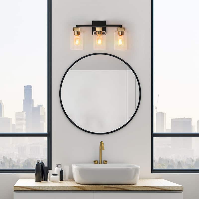 Modern Farmhouse Black Gold 3-Light Square Bathroom Vanity Light Glass Wall Sconces - L 18" x W 5.5" x H 10"