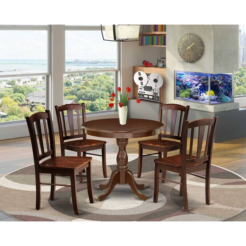 HomeStock 5-Piece Mahogany Finish Solid Wood Top Dining table with 4 Chairs with Slat Back