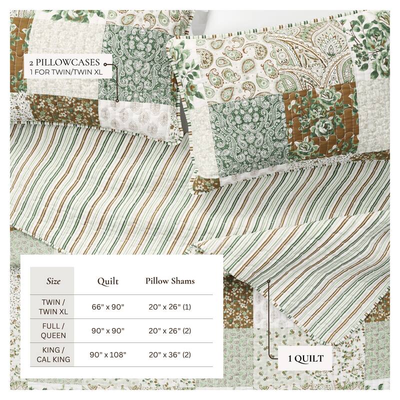 Linery & Co. All Season 3 Piece Floral Stitched Quilt Set with Shams