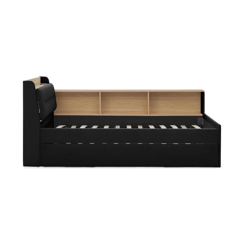 Twin Size Velvet Daybed with LED Light and Lift Up Trundle, Button Tufted Headboard with Wireless Charging and Storage