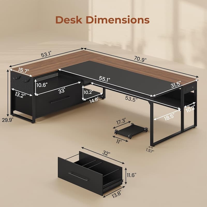 Executive Desk L Shaped Desk File Drawers Power Outlets Computer Desk