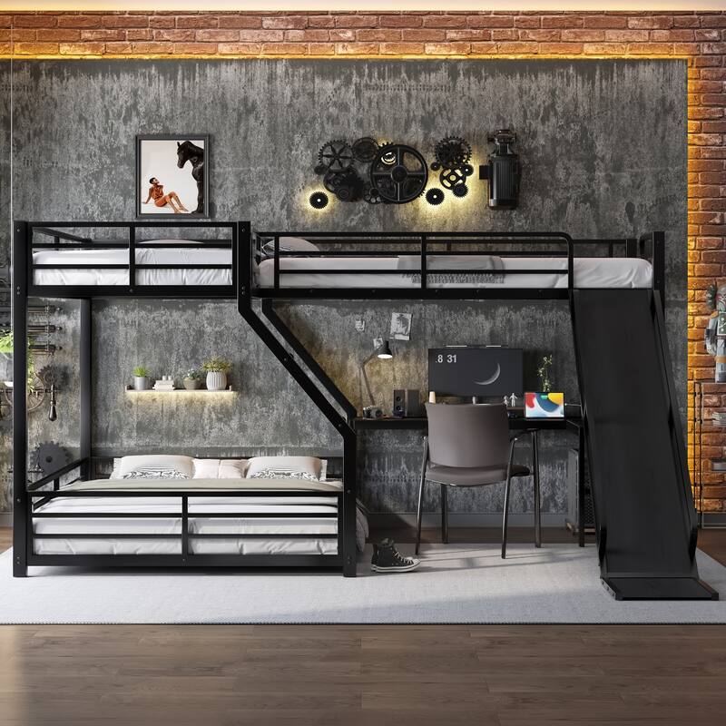 L-shaped Triple Bunk Bed for Esports & Works with Floor Bunk Bed and Loft Bed, Metal Bedframe with Slide and Charging Station