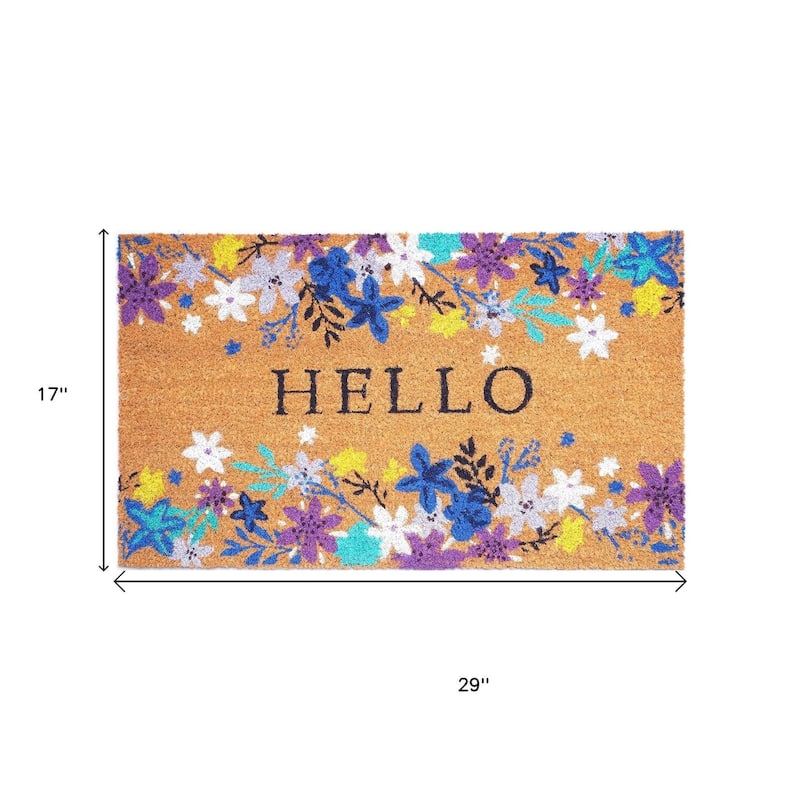 HomeRoots 17" X 29" Natural Blue And Purple Floral Hello Outdoor Coir Door Mat - 17' X '29