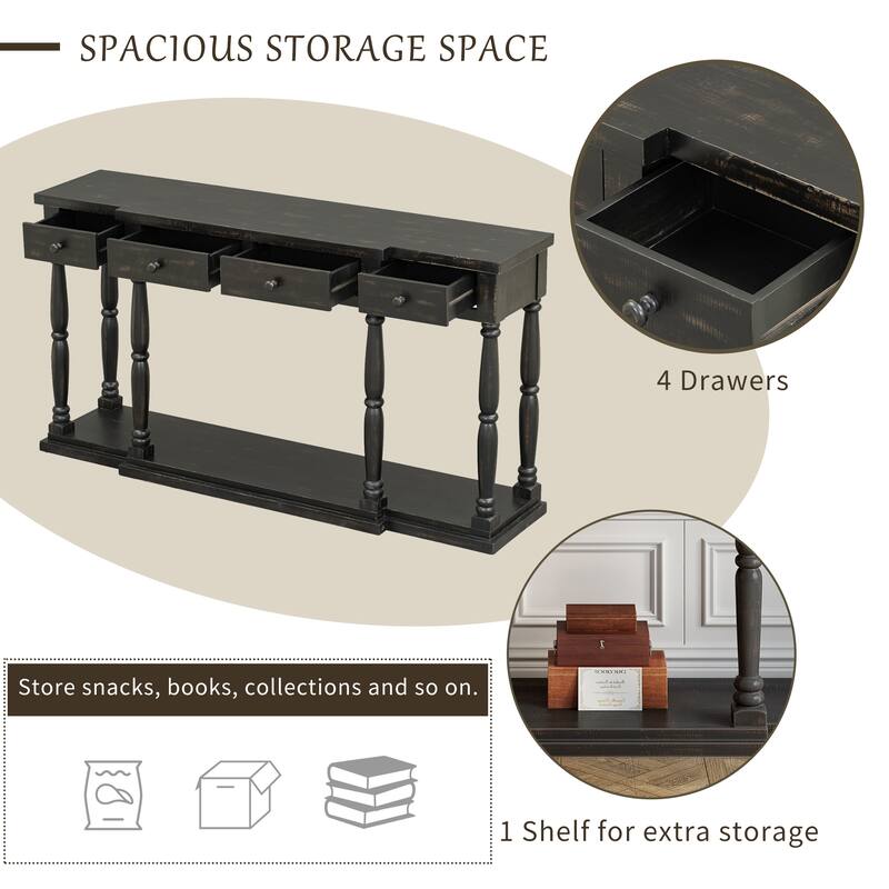 Retro Console Table with 4 Front Facing Storage Drawers and 1 Shelf