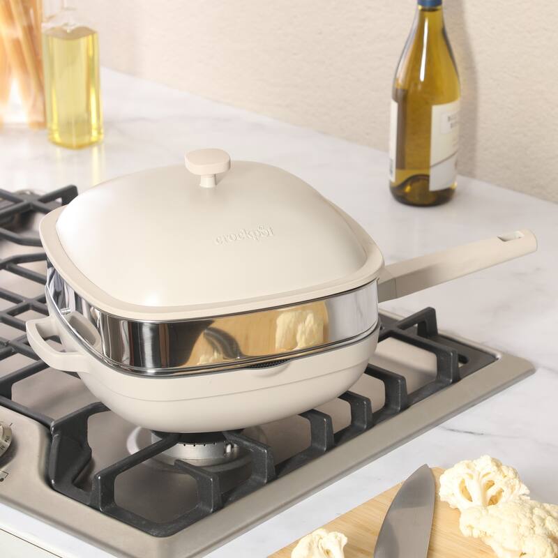 Crock Pot Northvale 5.3 Quart Ceramic Nonstick Sauté Pan with Steamer Basket & Lid, Cast Aluminum Induction Base