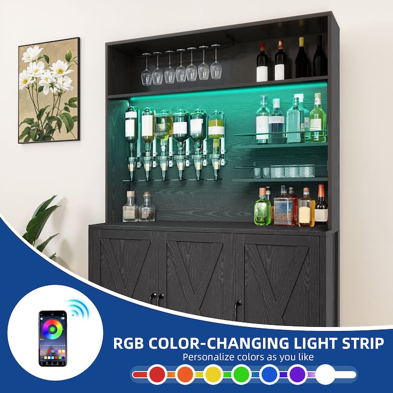 Moasis Farmhouse Bar Cabinet Wine Rack with RGB Light and Power Outlet