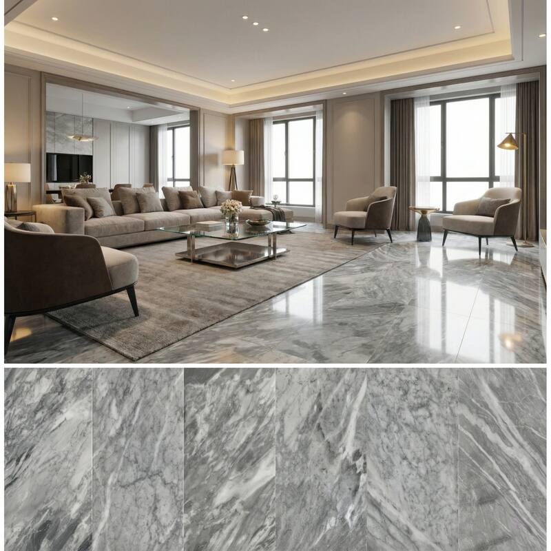 Roomfitters Carrara Marble Tile, Polished Natural Stone for Wall and Floor, Genuine Marble, 4-Piece Box, Gray