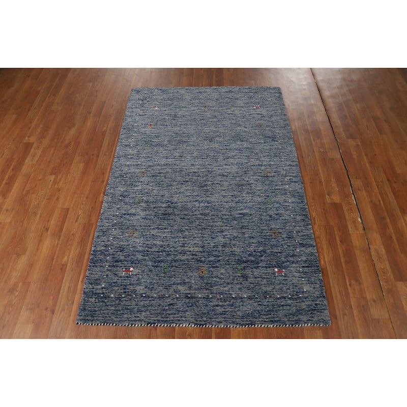 Blue Tribal Gabbeh Rug Hand-Knotted Modern Wool Carpet - 3'11" x 5'10"
