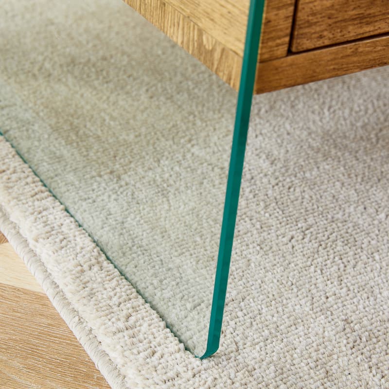 Double-Drawer Bedside Table:The Board Surface Is Mdf With White Grain Sticker,And Both Sides Are Transparent Tempered Glass