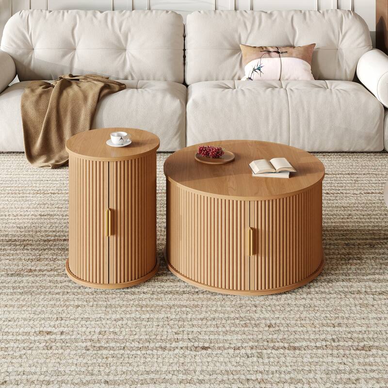 Mid-Century Coffee Table Set with Sliding Tambour Door, Round Fluted End Table With Storage