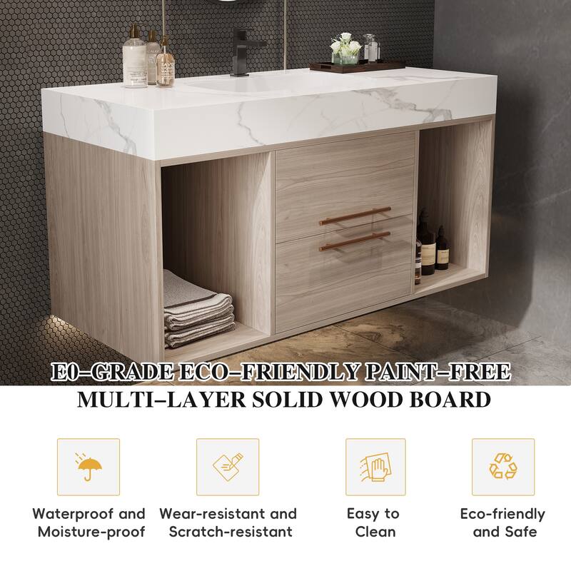 Floating Bathroom Vanity with Ceramic Sink, Rectangle Bathroom Storage Cabinet with Sintered Stone Countertop