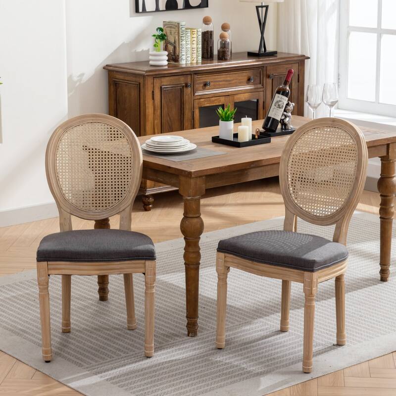 GDF Studio - French Wooden Frame Linen Fabric Rattan Back Dining Chair Set (Set of 2)