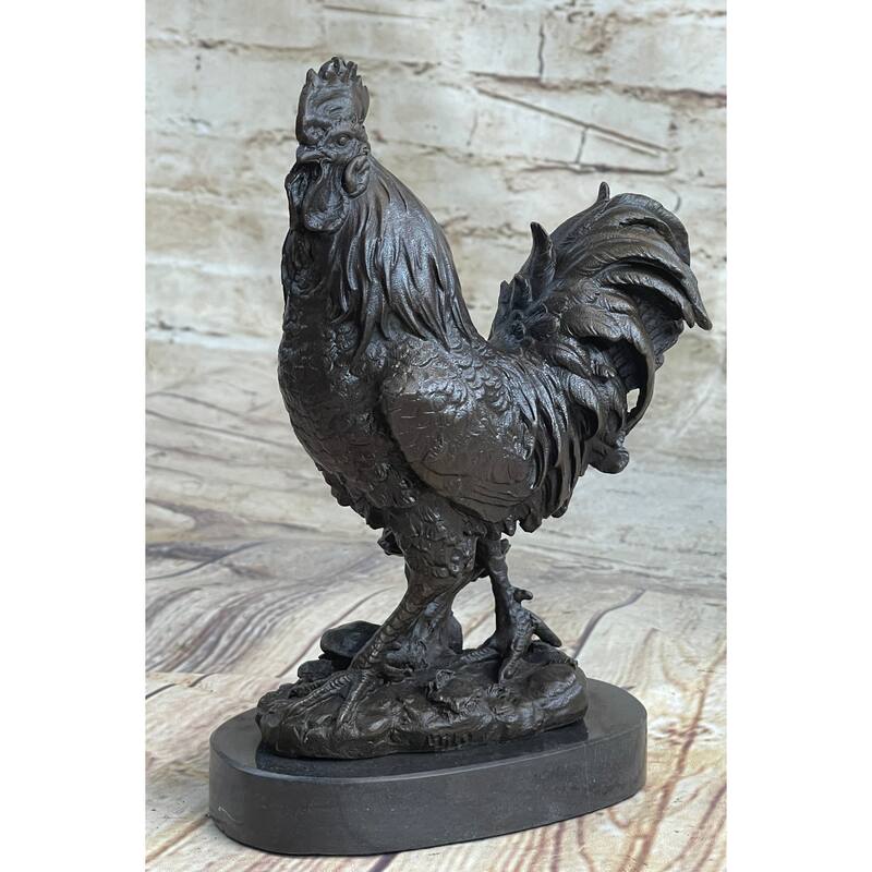 Signed Exquisite Rooster Farm Marble Bronze Statue Sculpture Figurine Figure Art