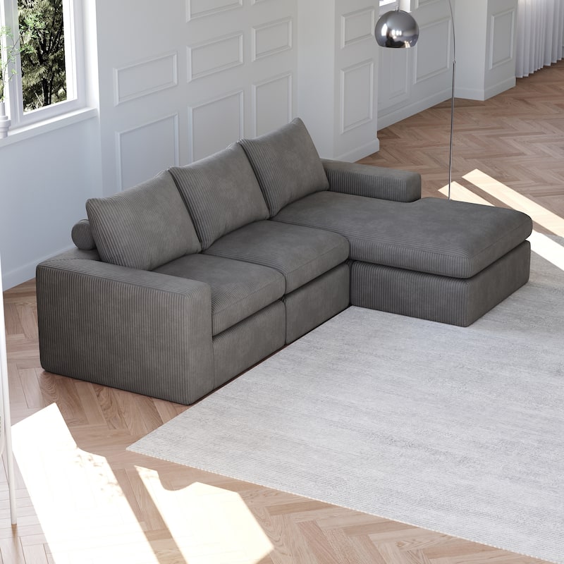 Roomfitters Modern 3-Seater Corduroy Cloud Sectional Sofa with Chaise, L-Shaped Boneless Couch with Pillows