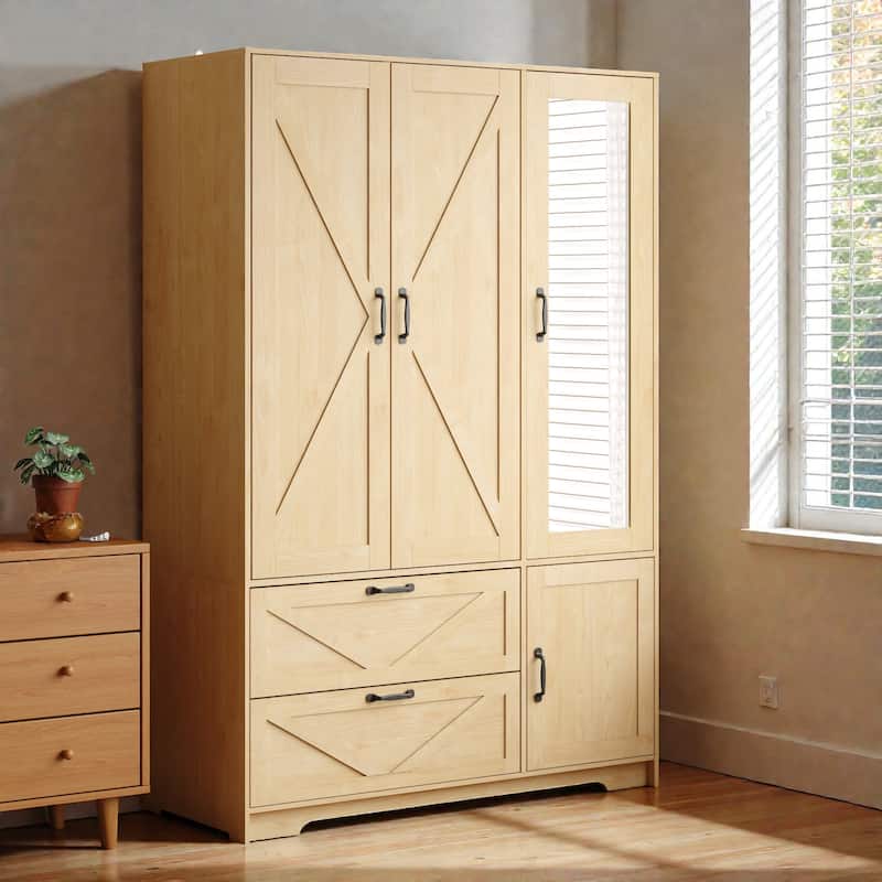4 Door Wardrobe Closet with Mirror and LED Light, Wooden Storage Cabinet with 2 Drawers, Hanging Rod and Shelves