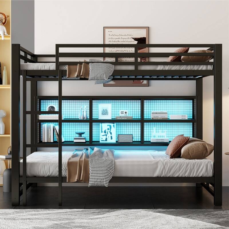 Queen Over Queen Size Bunk Bed with LED Light and Storage Cabinets, Metal Bunk Bed with Storage Shelves, Ladder and Guardrail