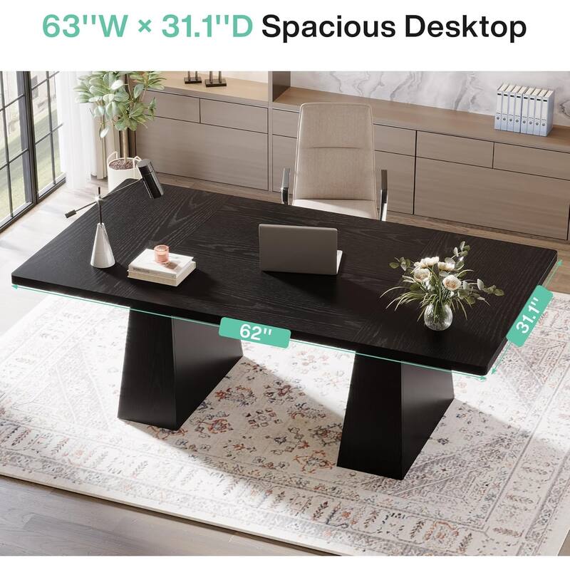 63-Inch Executive Desk, Large Office Computer Desk with Double Pedestal, Black