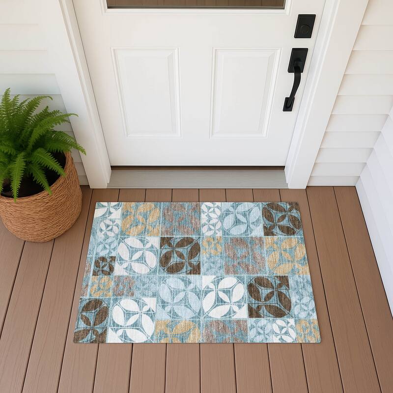 Machine Washable Indoor/ Outdoor Patch Lupton Chantille Rug - Teal - 1'8" x 2'6"
