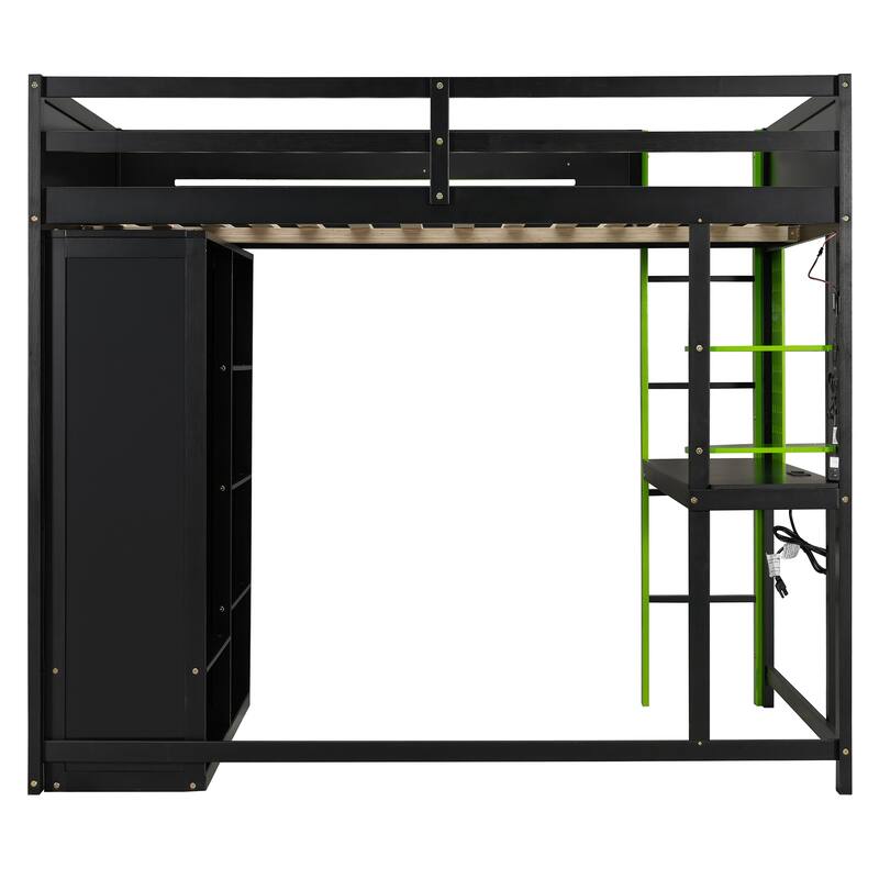 Full Size Gaming Loft Bed with Desk & Wardrobe, Wooden Storage Bed with RGB LED Lighting, Charging Station