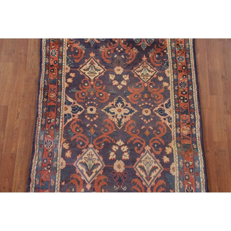 Hand Knotted Oriental 100% Wool Carpet Traditional Geometric Navy Blue & Blues Mahal Runner Rug - 10' 8'' X 3' 5''