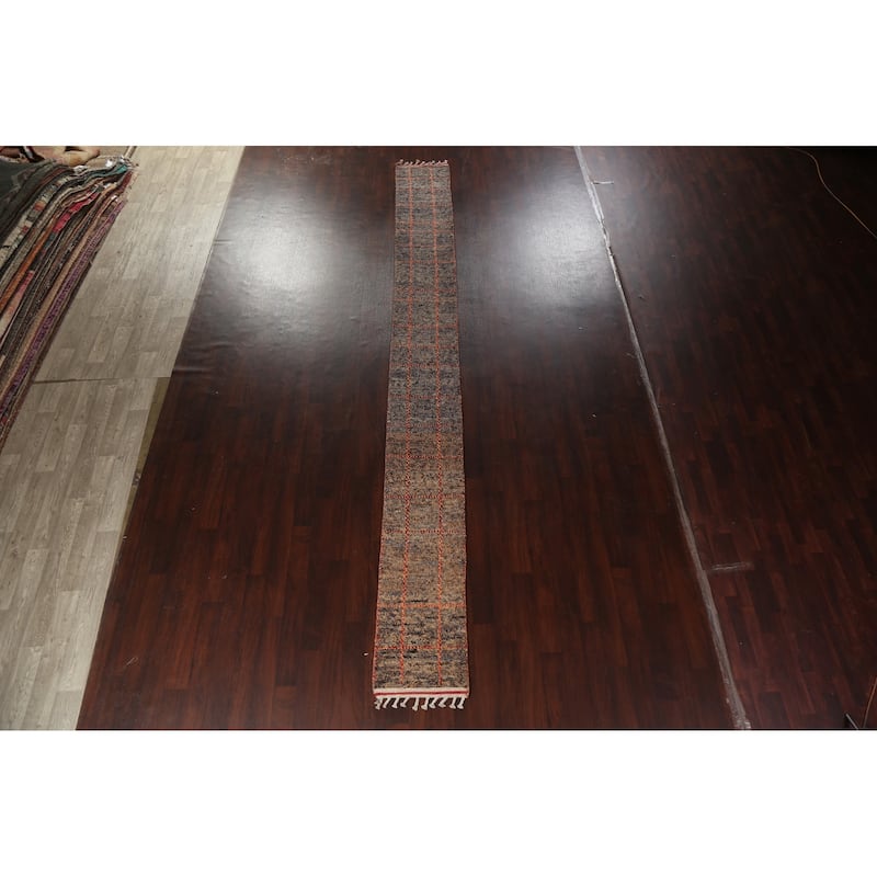 Geometric Checkered Moroccan Oriental Runner Rug Handmade Wool Carpet - 1'10" x 17'3"