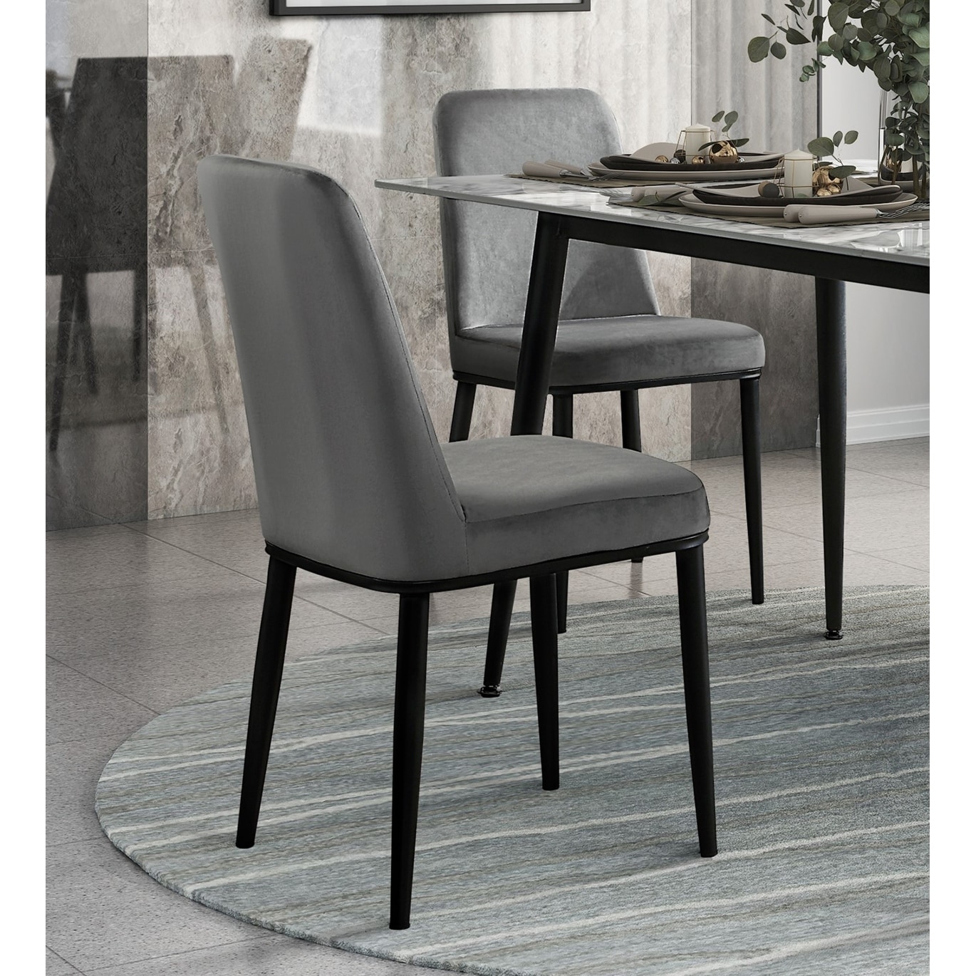 Contemporary Sleek Design Dining Set 5pc Dining Table and Gray velvet Chairs Stunning Sintered Stone Tabletop