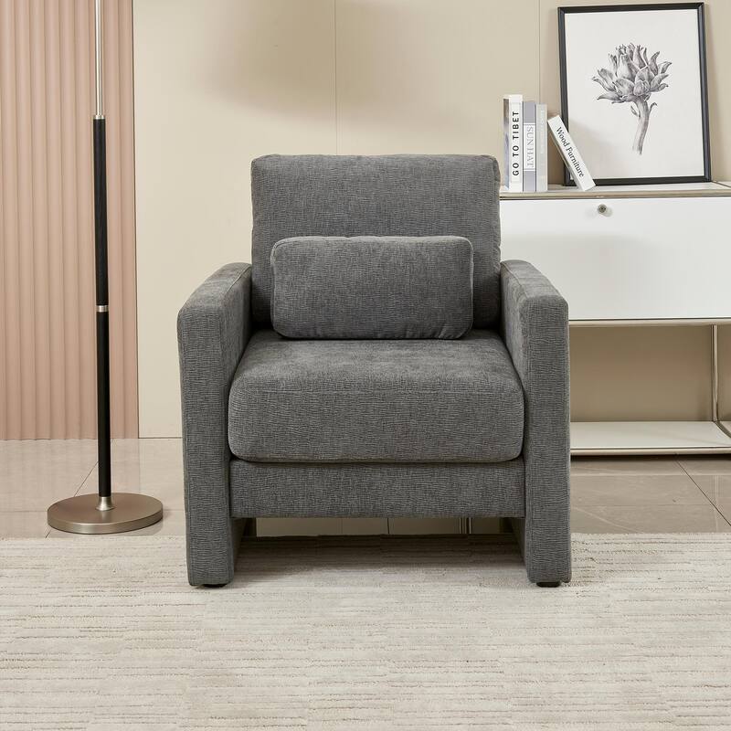 Gray 31.49" Chenille Arm Chair with Wood Frame
