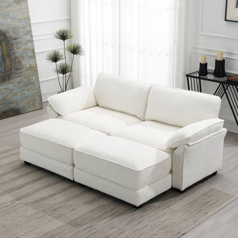 Modular Convertible Sectional Sofa Bed Set, 4 Seat Upholstered Sleeper Corner Couch, Deep-Seat Loveseat With Ottoman - White