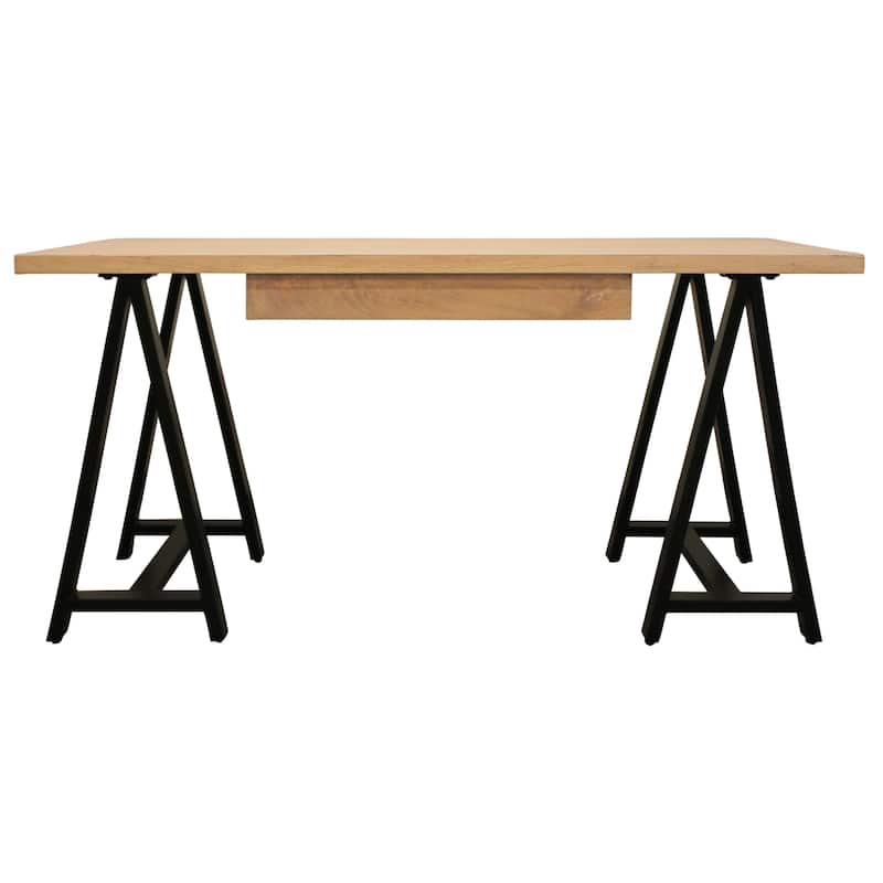 HomeRoots 60" Natural and Black Solid Wood and Metal Trestle Executive Desk