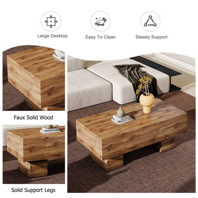 Wood Coffee Table for Living Room, 43.3" Farmhouse Coffee Table with Legs, Rectangular Center Table Cocktail Living Room Table
