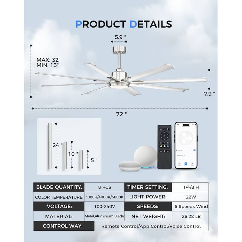 72/84/96 inch Aluminum Industrial Ceiling Fan with Integrated LED