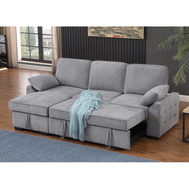 Mackenzie 91"W Chenille Fabric Reversible Sleeper Sectional with Storage Chaise, Drop-Down Table, Cup Holders & Charging Ports
