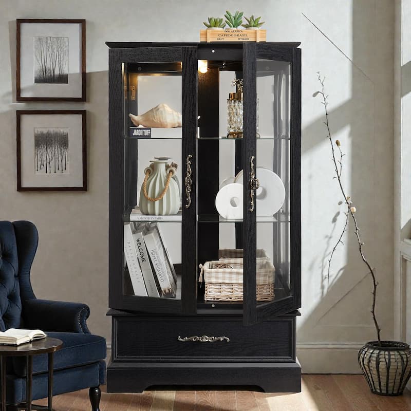 Lighted Glass Curio Cabinet with Drawer, Vintage 2 Door Display Cabinet with Adjustable Shelves and LED Light
