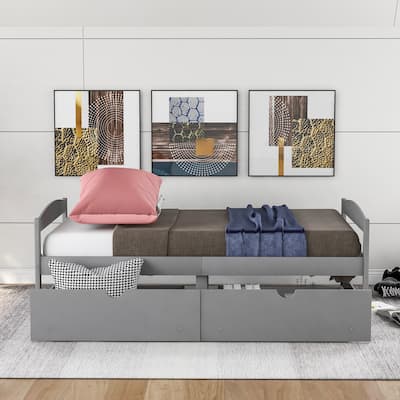 Twin Size Platform Bed Frame, Wooden Storage Bed Frame with 2 Drawers, Solid Wood Twin Platform Bed, No Box Spring Needed
