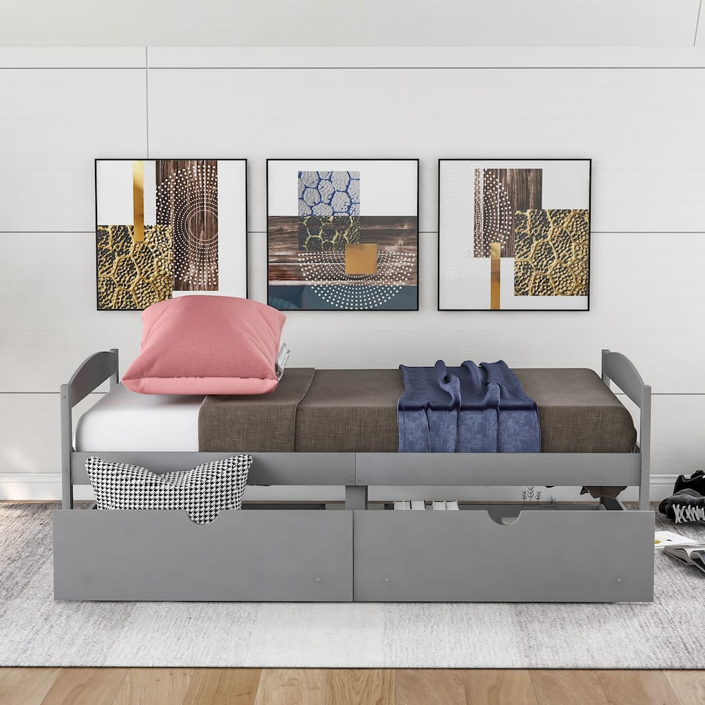 Twin Size Platform Bed Frame, Wooden Storage Bed Frame with 2 Drawers, Solid Wood Twin Platform Bed, No Box Spring Needed