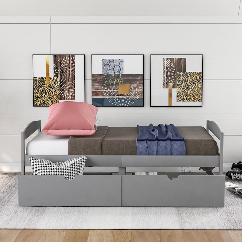 Twin Size Platform Bed with Two Drawers - Space-Saving Design, High-Quality Pine Wood