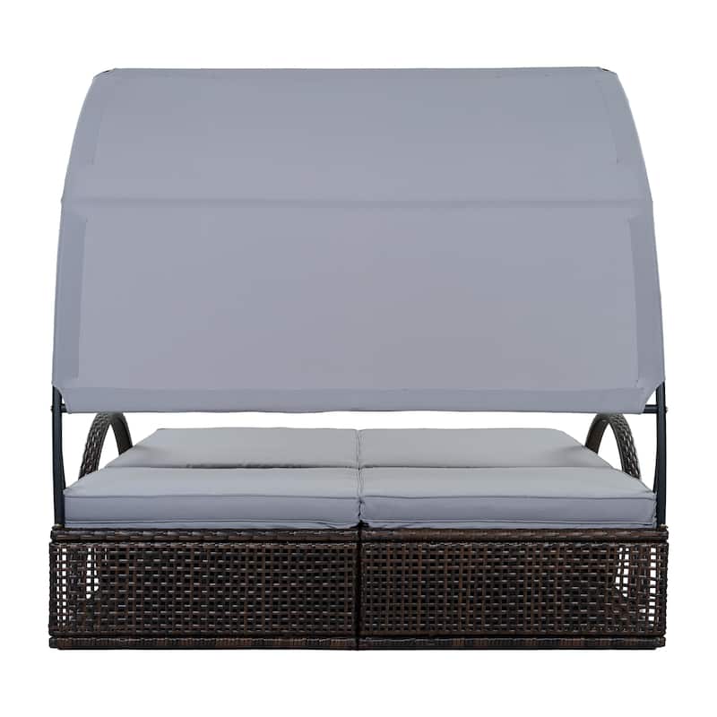 Outdoor Steel Frame Sun Lounger with Adjustable Backrest,Patio Double Sunbed with Hidden Side Table and Arched Armrests