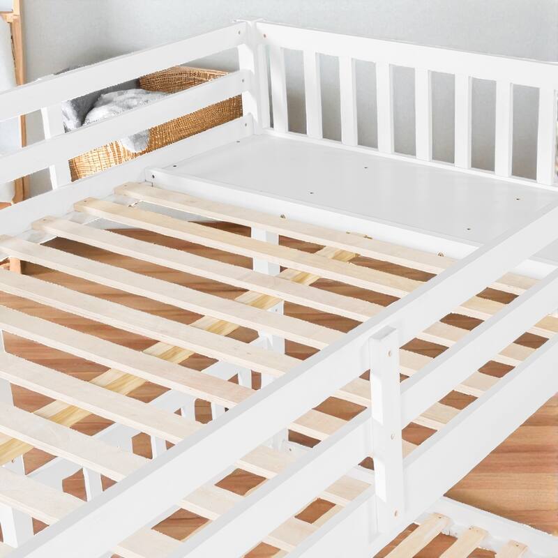 Full Over Twin & Twin Triple Bunk Bed with Drawers, Wooden 3 Beds in 1 with Guardrails and Storage