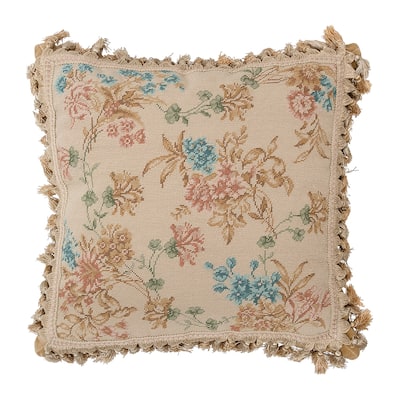 17" x 17" Blue Antique Floral Needlepoint Pillow