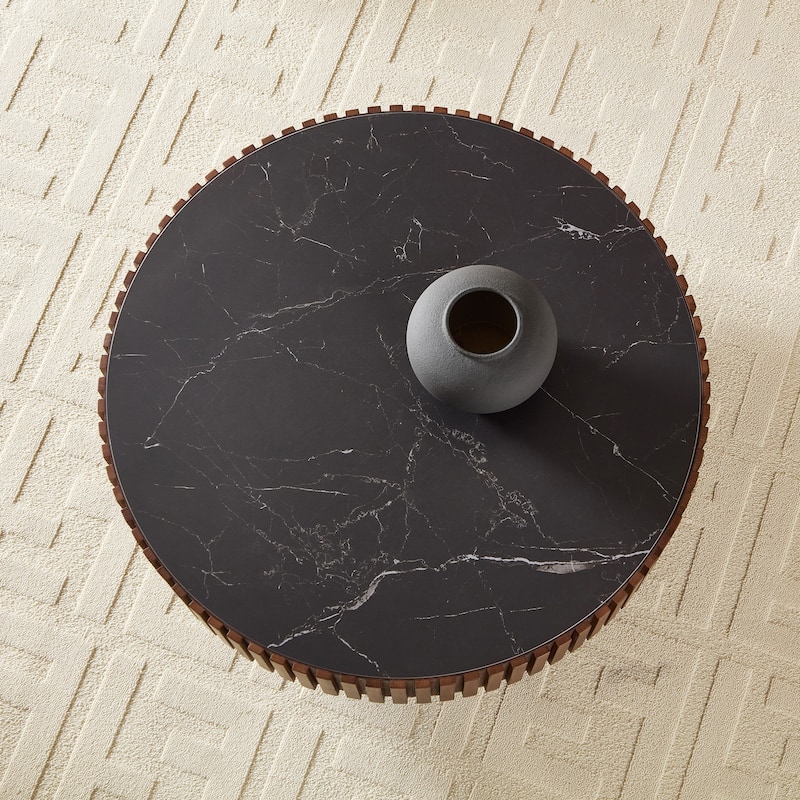 Luxury Round Coffee Table with Faux Marble Top, 35.43" Modern Low Drum Shape Cocktail Table for Living Room, Reception Room